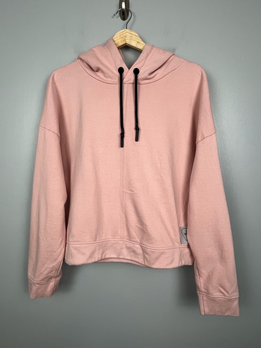 Gertrude + Gaston pink cropped Spellout hoodie, size medium.